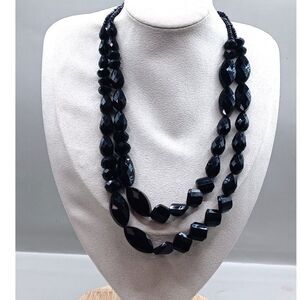 Vintage Princess Length Double Strand of Ebony Acrylic Faceted Bead Necklace 17"